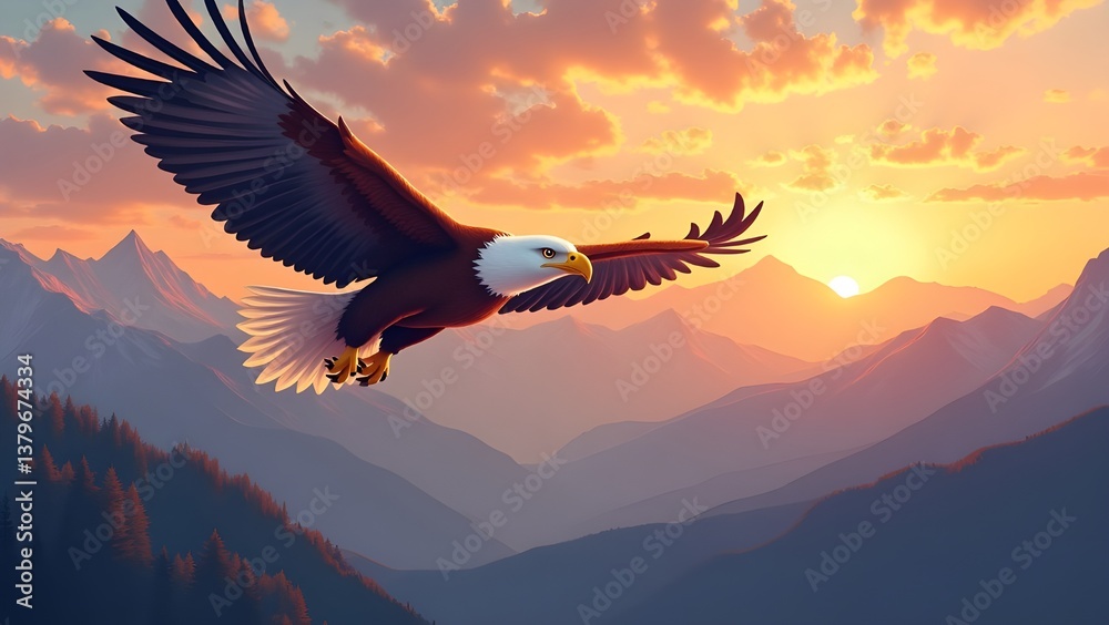Fototapeta premium Majestic Eagle Soaring Over Mountain Range at Sunset Illustration