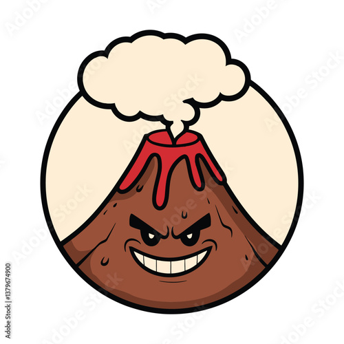 "Angry cartoon volcano erupting lava and smoke