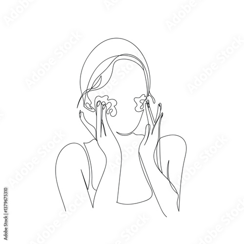 Woman Applying Facial Mask One Line Drawing on White Background