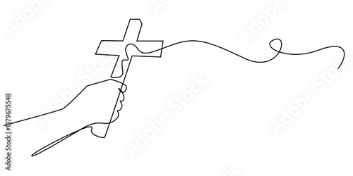 Christian Cross in Hand, Continuous Line Art on White Background