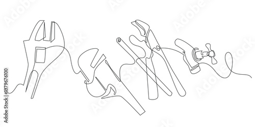 Continuous Line Drawing of Plumbing Tools on White Background