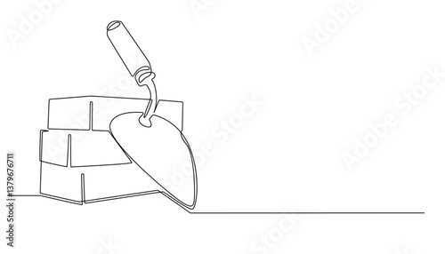 Trowel and Bricks One Line Drawing, Isolated on White