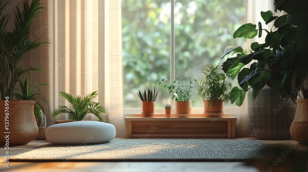 Serene indoor space with sunlight streaming through window, adorned plants Serene indoor space with sunlight streaming through window, adorned plants