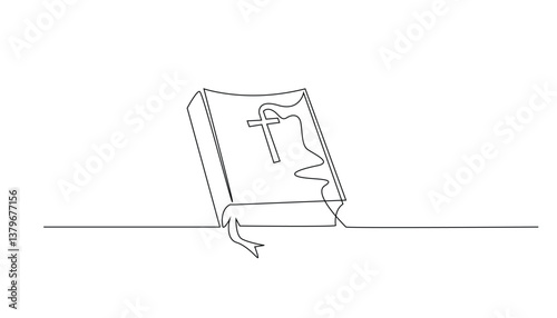 Bible with Cross, One Line Drawing on White Background
