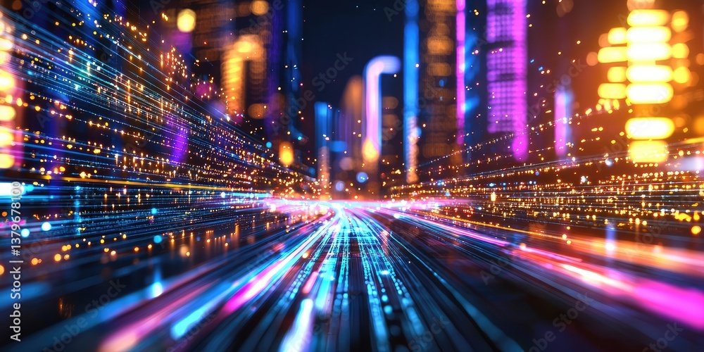 Fototapeta premium A vibrant, futuristic cityscape, where towering neural networks hum with data, forming a vast, shimmering global database. A data stream flows through the city, connectin