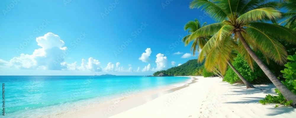 Fototapeta premium A serene tranquil atmosphere of a sandy beach with palm trees surrounded by turquoise water and a clear blue sky with slight clouds , blue, tropical, tranquility