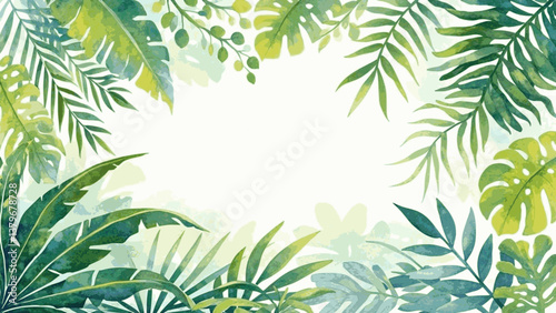 A lush tropical forest, showing a variety of green tropical leaves and trees jungle isolated watercolor vector illustration svg