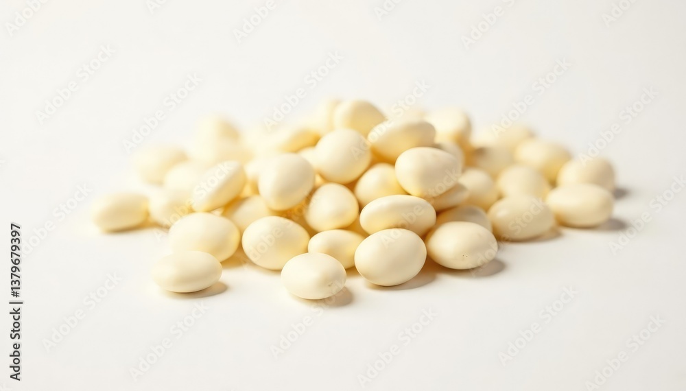 Scattered white beans against pure white backdrop, seed, photography Scattered white beans against pure white backdrop, seed, photography