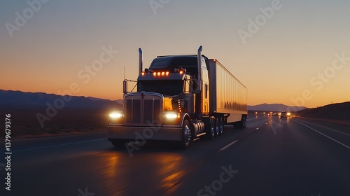 A powerful American semi-truck driving on the highway at sunset