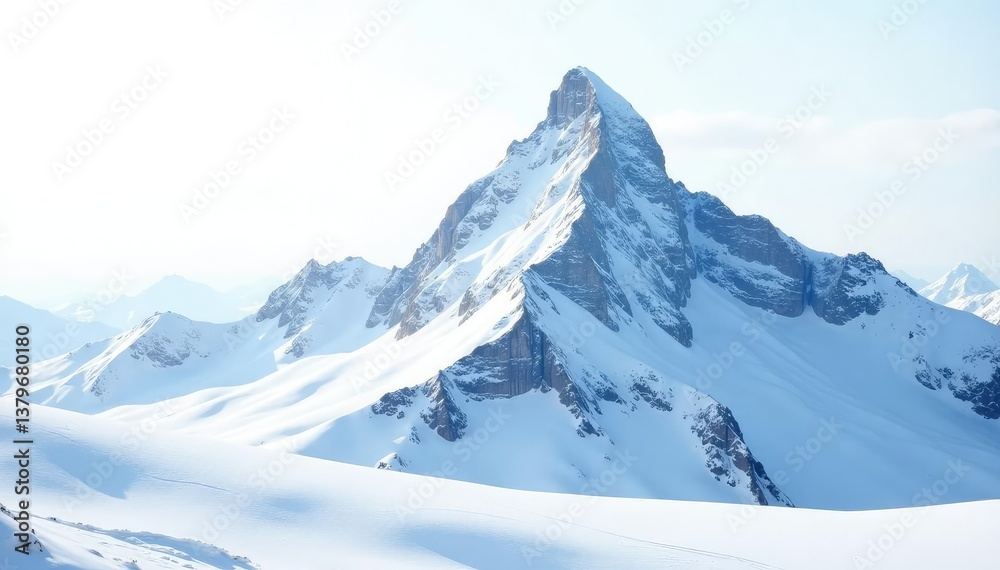 Snow-covered mountain peak against pristine white sky, snow, scenic Snow-covered mountain peak against pristine white sky, snow, scenic