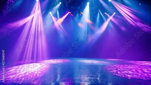 A dramatic stage illuminated by colorful lights, casting vibrant hues on the empty floor, creating a captivating atmosphere.