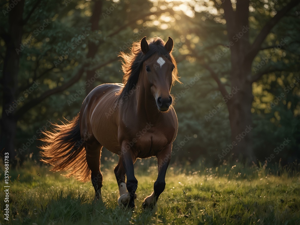Obraz premium Brown Horse Galloping in Golden Sunlight, Rural Countryside Scene