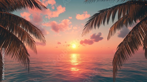 A tropical sunset over the ocean with palm trees framing the horizon pic