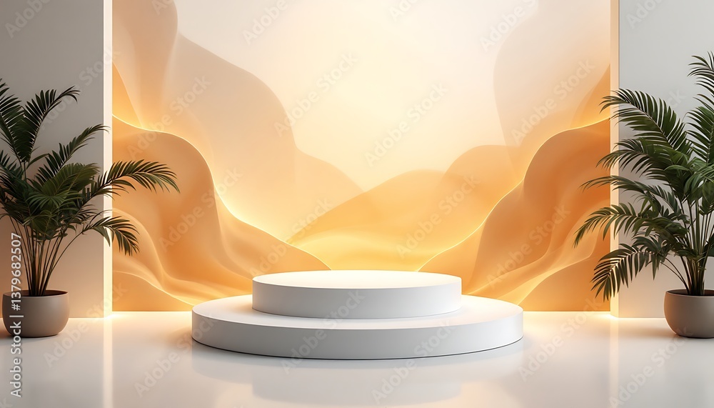 Fototapeta premium Elegant Product Display Podium with Abstract Backdrop and Potted Plants