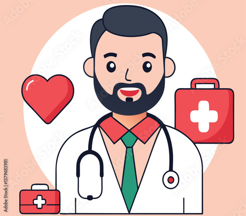 Smiling Doctor with Heart Symbol and Medical Bag