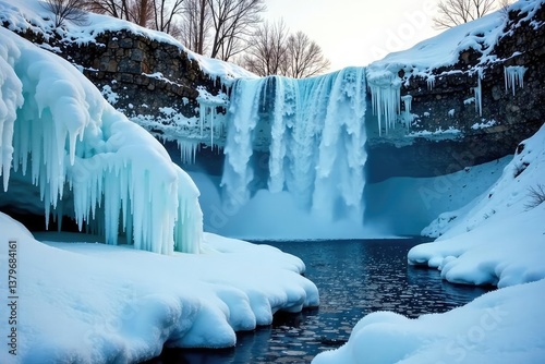 Frozen waterfall, ice formations persisting unusually late into spring , frozen, winter photo