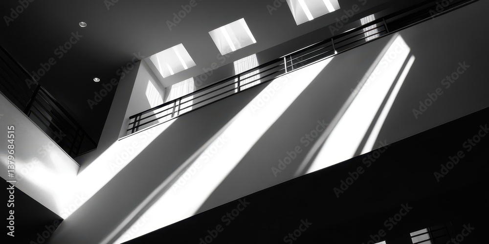 Obraz premium Aerial view of a stairwell featuring a railing and large windows.