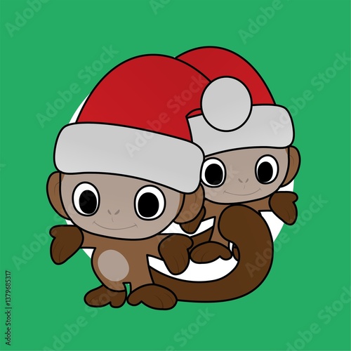 Illustration of Monkey Wearing Santa Hat Cartoon, Cute Funny Character, Flat Design
