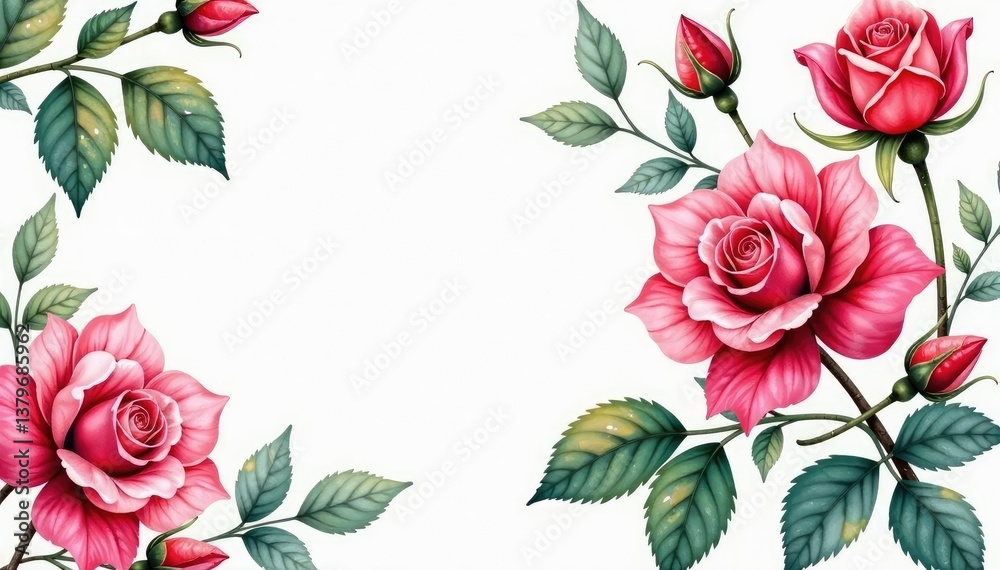 Fototapeta premium Intricate watercolor roses & leaves, vibrant hues, floral, watercolor, background