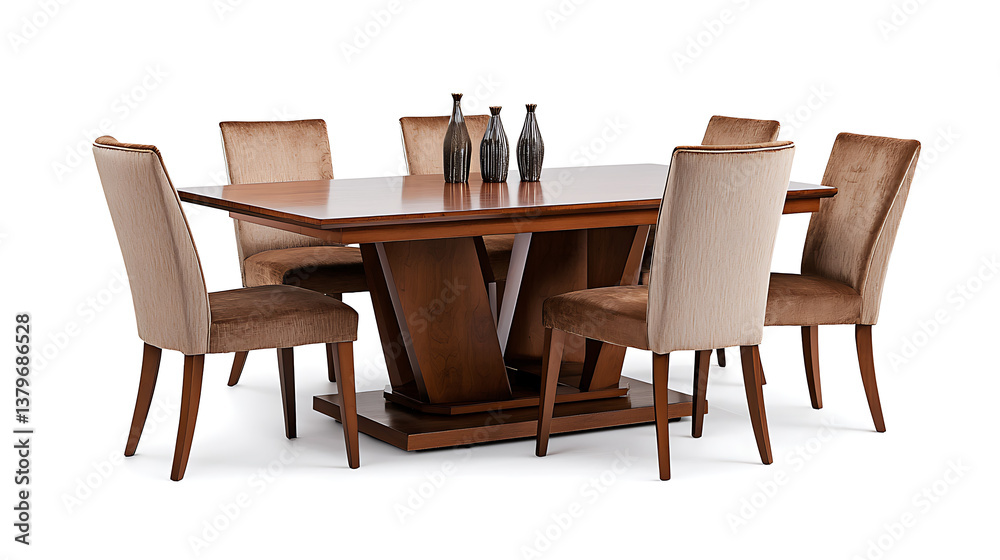 A wooden dining table with six chairs around it A wooden dining table with six chairs around it