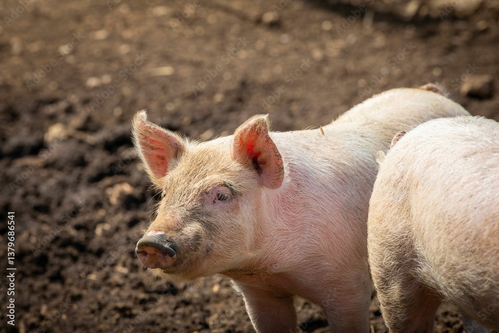 Fototapeta premium Piglet in a muddy farm setting.