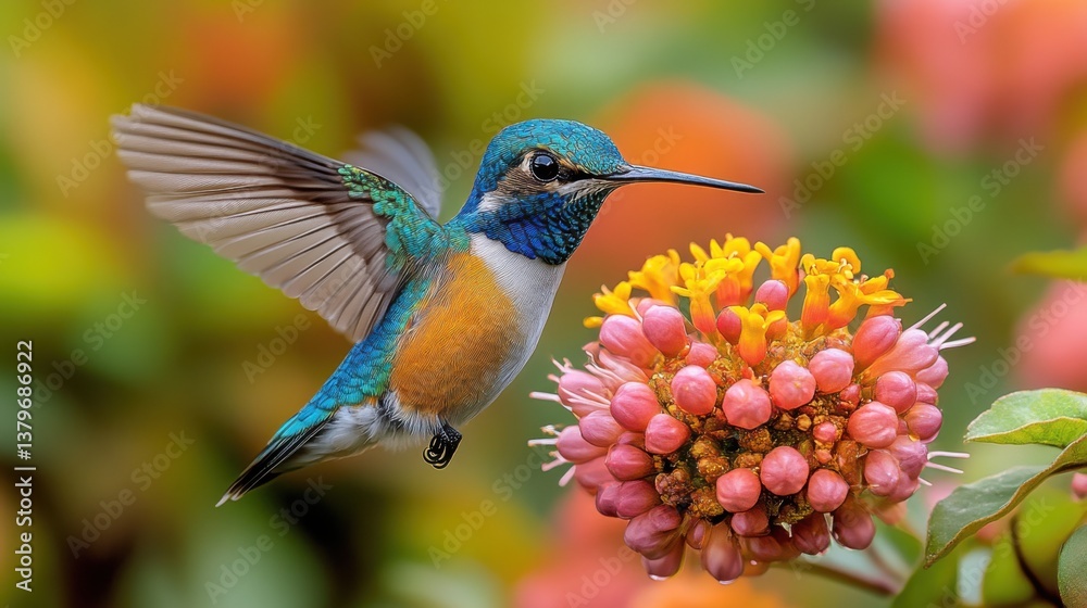 Fototapeta premium Iridescent Hummingbird Hovering Near Flower. Generative AI