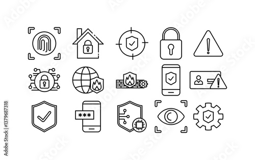 Security web icons showing 15 cybersecurity symbols. Suitable for website, app, and graphic designs related to online security measures.