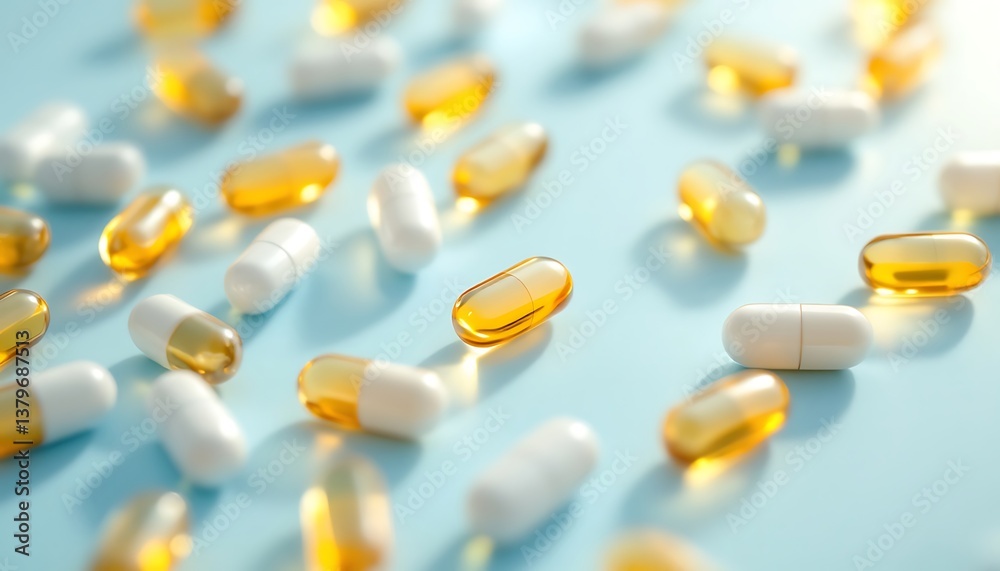 Scattered Capsules on Light Blue Background Showcasing Health and Wellness Scattered Capsules on Light Blue Background Showcasing Health and Wellness