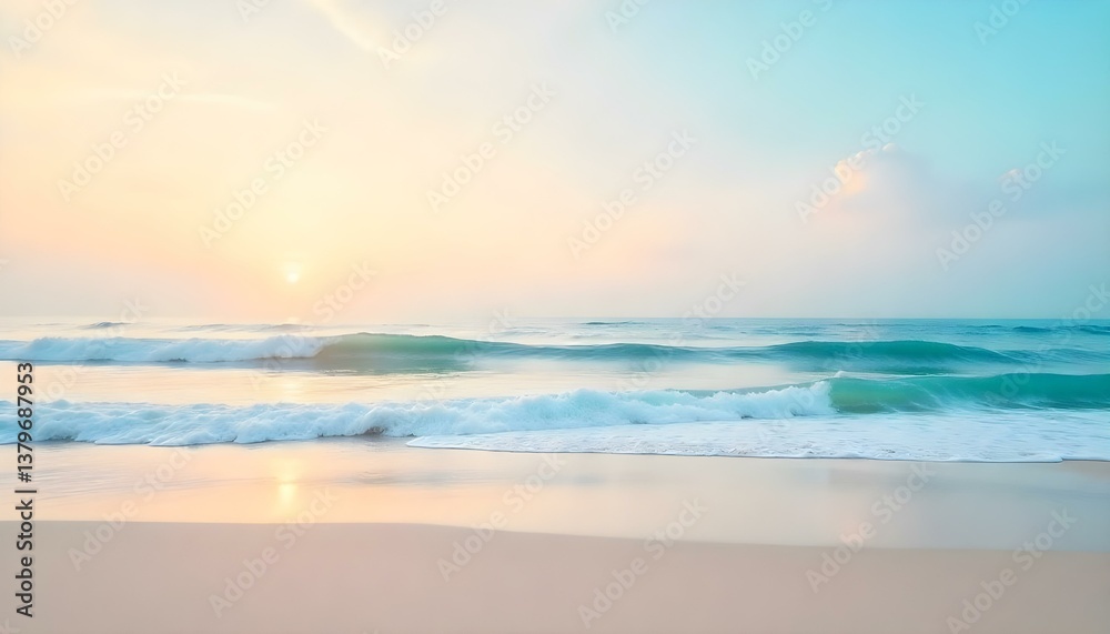 Obraz premium A panoramic view captures a serene beach scene at what appears to be either sunrise or sunset, characterized by a soft, pastel color palette