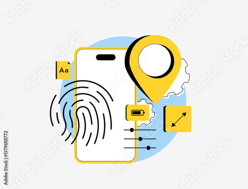 Device fingerprinting tracks IP addresses, cookies, hardware specifications, software configurations, browser setting for unique identification and security. Device fingerprinting vector illustration