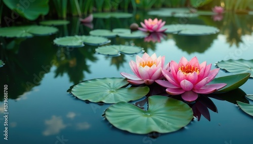 Water lilies form intricate pattern on calm lake surface, floral pattern, aquatic, nature photography
