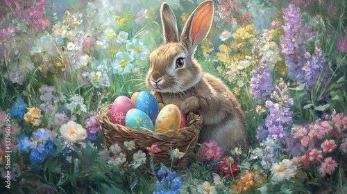 A rabbit with a basket of colorful Easter eggs, surrounded by soft pastel flowers, in a peaceful spring garden pic