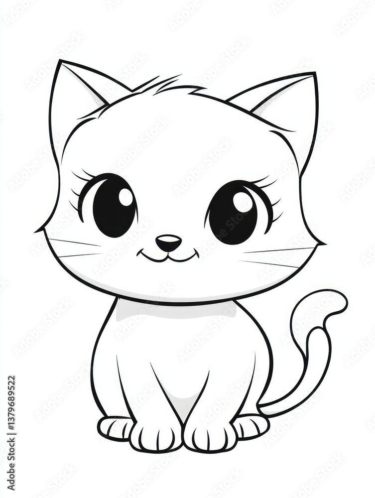 Cute cartoon kitten with big eyes.Black and white isolated colouring for children's books,pet related materials,and adorable animal designs. Cute cartoon kitten with big eyes.Black and white isolated colouring for children's books,pet related materials,and adorable animal designs.