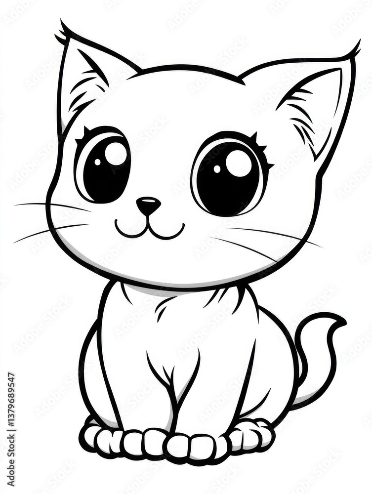 Cute cartoon kitten with big eyes.Black and white isolated colouring for children's books,pet related materials,and adorable animal designs. Cute cartoon kitten with big eyes.Black and white isolated colouring for children's books,pet related materials,and adorable animal designs.