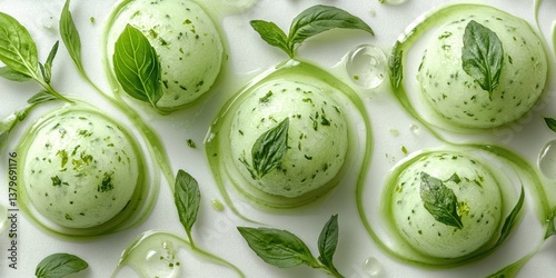 Six scoops of pale green mint ice cream or sorbet, garnished with fresh basil/mint leaves and green sauce. Ideal for blogs on healthy recipes, desserts, food photography, summer drinks, and vegan 