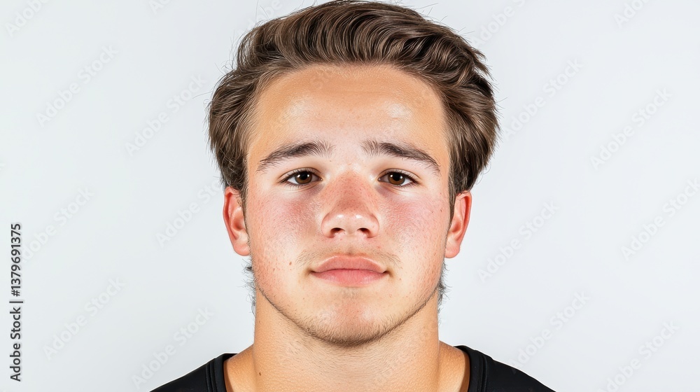 Fototapeta premium A portrait of a young man with short hair, looking directly at the camera with a neutral expression against a plain background.