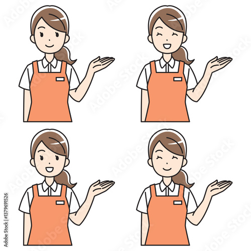 笑顔で案内するエプロン姿の女性のイラスト