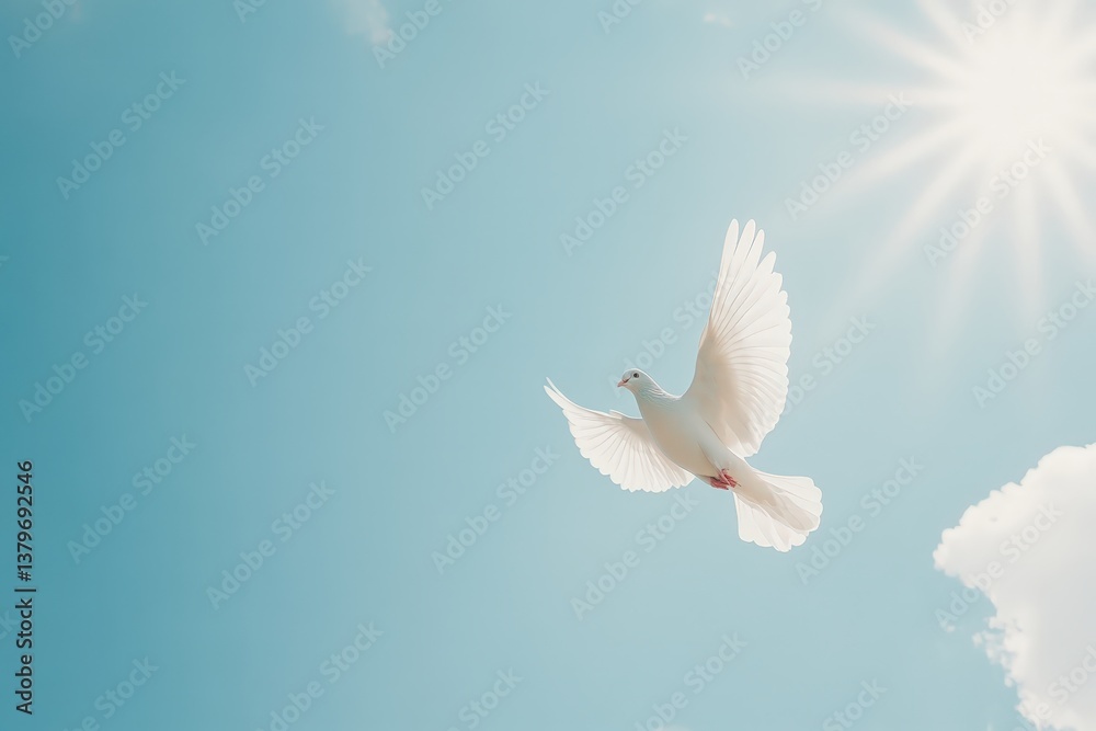 Fototapeta premium A graceful white dove soars against a bright blue sky, symbolizing peace and freedom.