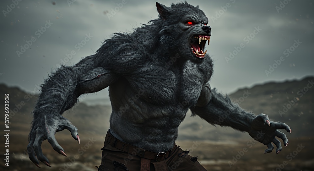 Fototapeta premium Furious Werewolf Growling in an Aggressive Stance on a Grassy Field