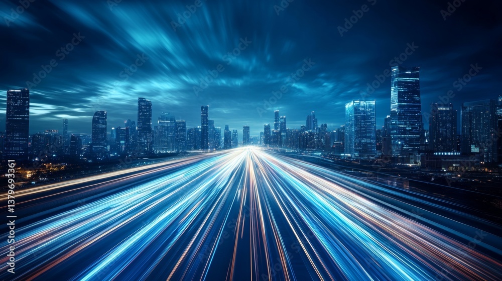 Obraz premium Futuristic City Skyline at Dusk with Glowing Lights and Speed Trails