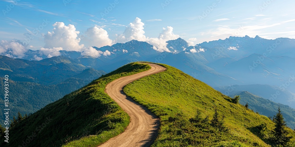Fototapeta premium A winding mountain path, its summit shrouded in mist, signifies the strategic roadmap, the challenges and rewards that lie ahead as entrepreneurs embark on their business