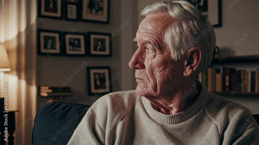 Elderly man in thoughtful reflection by window in cozy home setting Elderly man in thoughtful reflection by window in cozy home setting