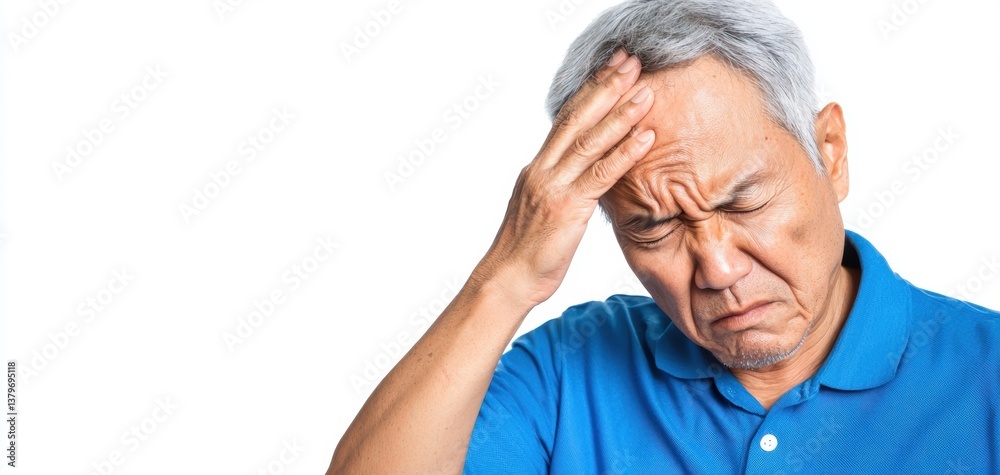 Fototapeta premium An elderly man with gray hair holds his forehead, expressing discomfort or pain, and wears a blue shirt against a plain white background.