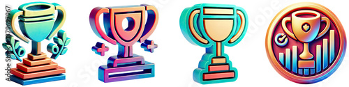 A collection of four stylized trophy icons with different designs and color schemes