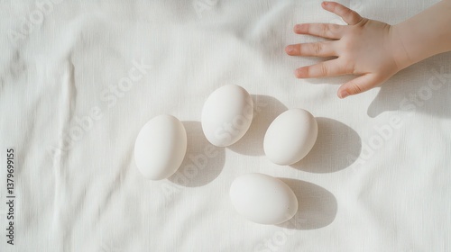 White Eggs on Soft Fabric with a Child's Hand Reaching Out