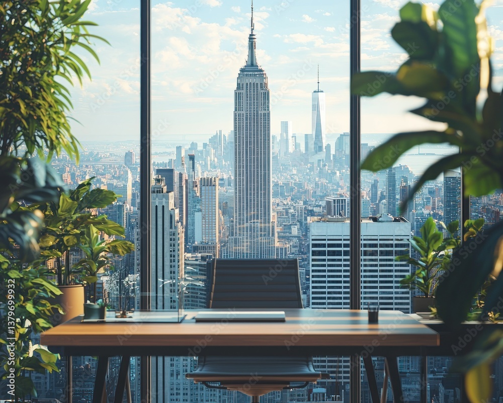 Obraz premium NYC Skyline Office Desk with Plants
