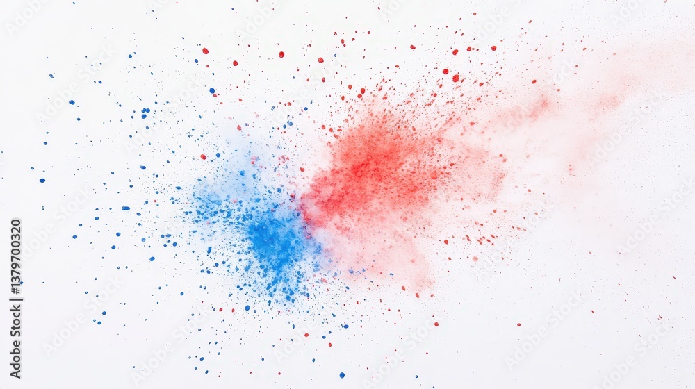 A vibrant explosion of blue and red powder creates an artistic splash against a white background, symbolizing creativity and energy.