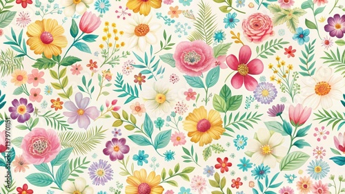 Abstract Floral Pattern with Dainty Bright Flowers on Neutral Background for Home Decor and Wrapping Paper
