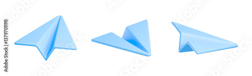 Blue paper plane 3D. Three realistic plastic airplanes in different view. Social media, message chat, email sending symbol. Vector travel element isolated on white background.