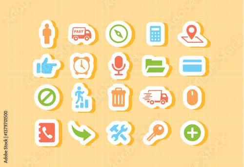 Adobe Illustrator ArtwSystem and interface control icons for school education apps kids learning platforms cute cartoon style colorful UI elements for delete settings arrows plus zoom trash check aork